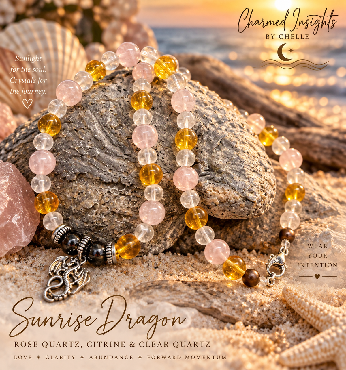 Sunrise Dragon — Rose Quartz, Citrine & Clear Quartz Necklace 🌅🐉