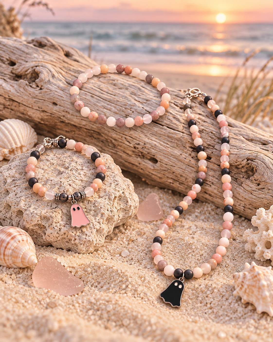 Blush Tide — Rhodonite, Rose Quartz & Black Onyx Set 👻🩷