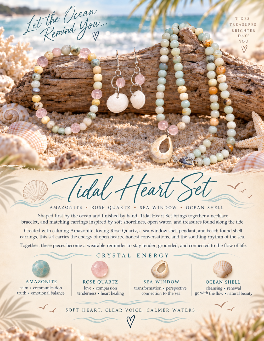 Tidal Heart — Amazonite, Rose Quartz & Sea Window Jewelry Set 🌊🩷🐚