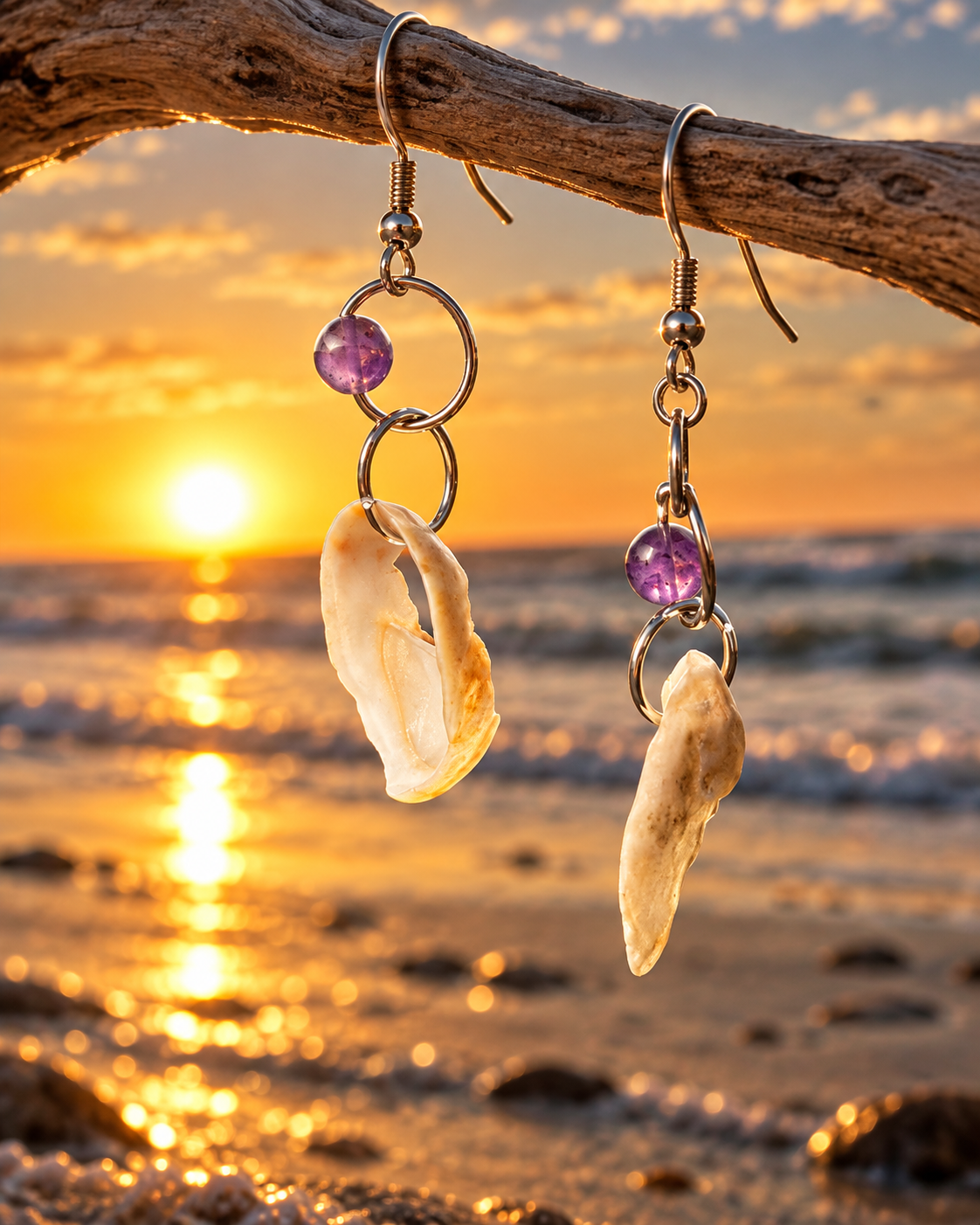 Sea Windows — Amethyst & Beach-Found Shell Earrings 🌊🐚💜