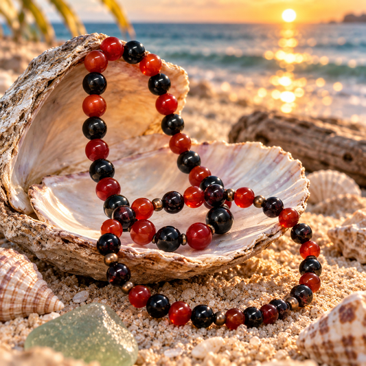 Ember Tide — Carnelian, Garnet & Obsidian 2 Bracelet Set 🌊🖤