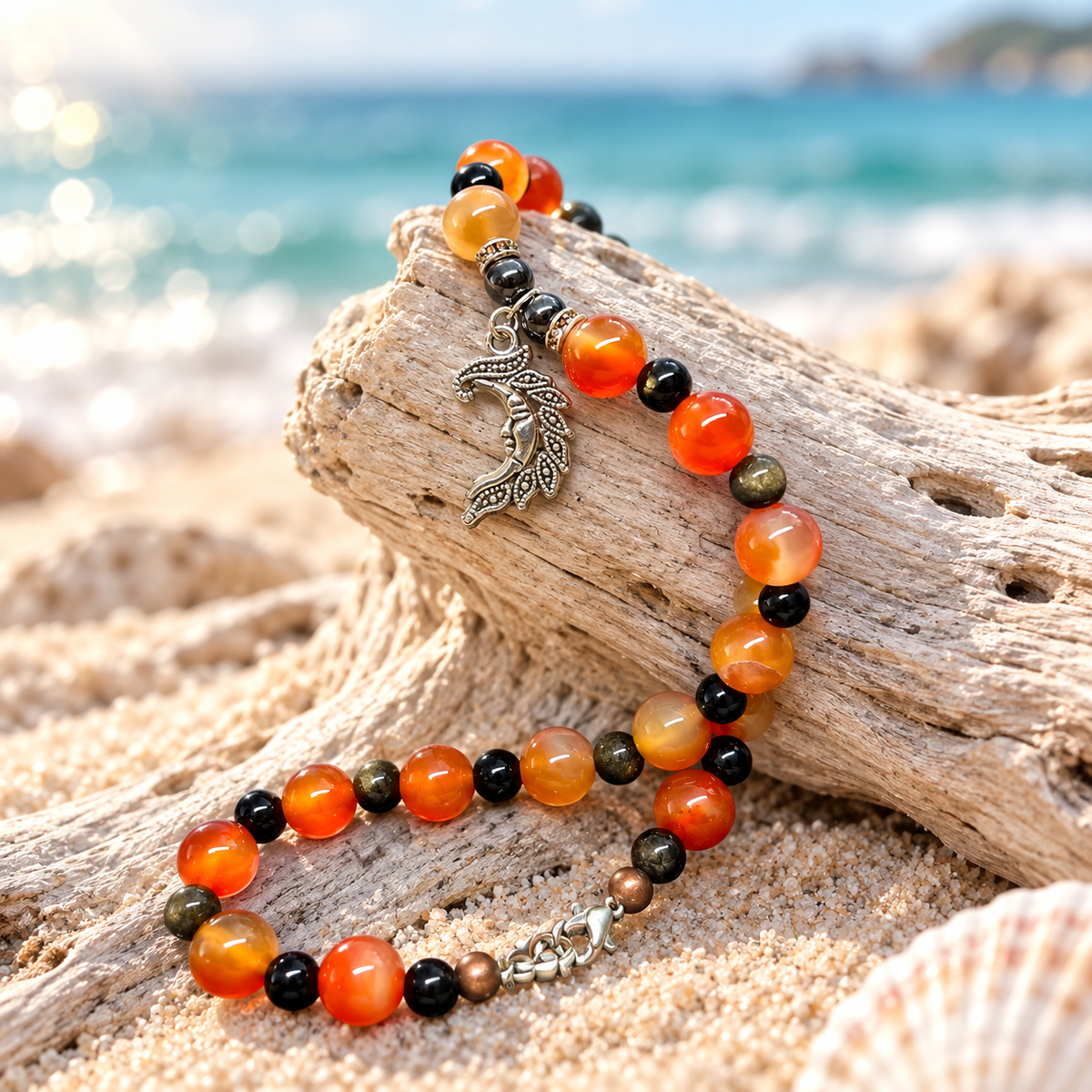 Phoenix Flame — Carnelian, Golden Obsidian & Obsidian Bracelet 🔥🌊