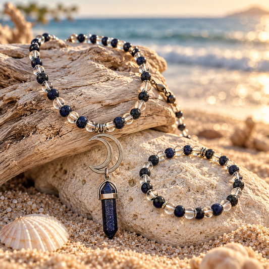 Moonlit Tide — Blue Sandstone & Clear Quartz Necklace + Bracelet Set 🌙🌊