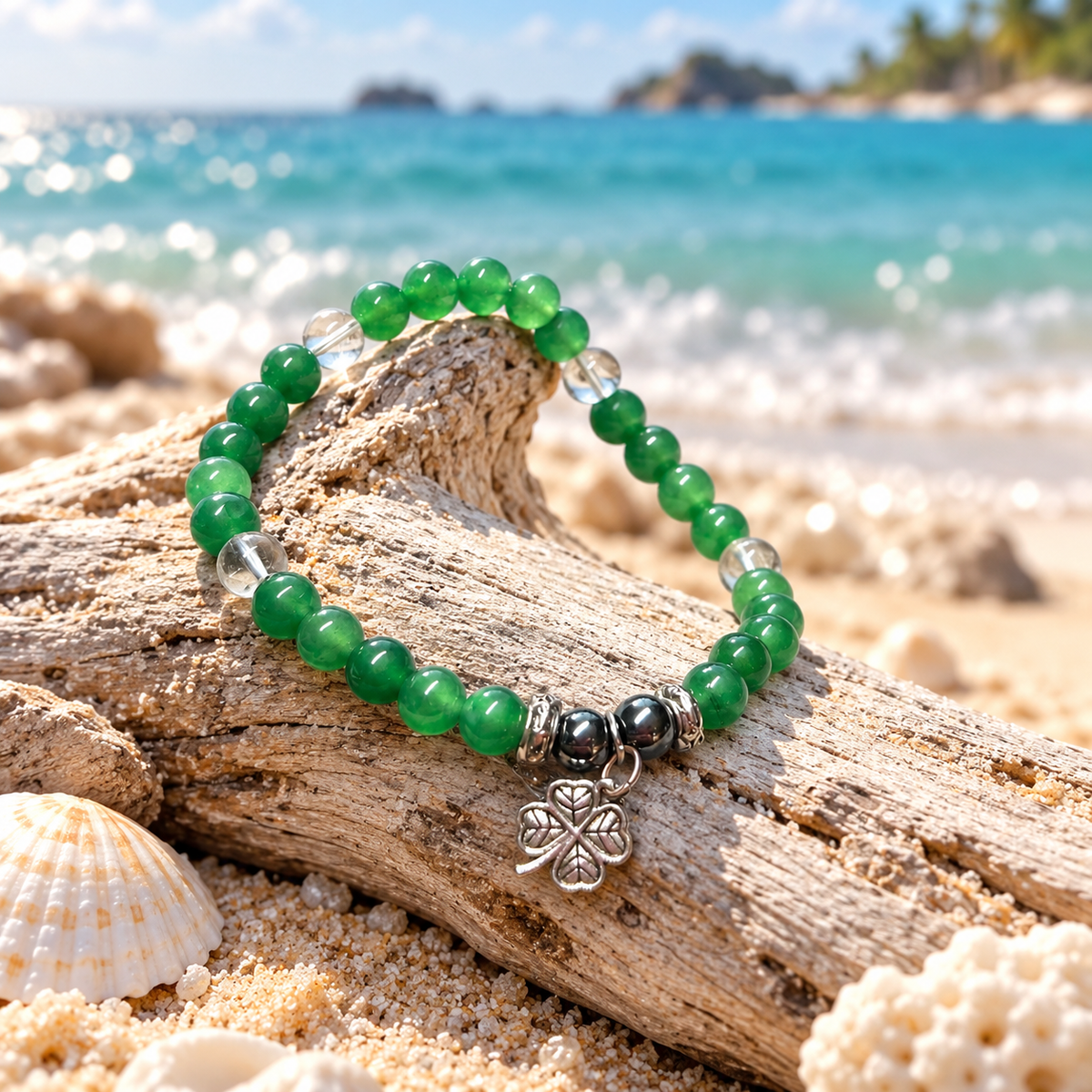 Clover Tide — Green Aventurine, Clear Quartz & Hematite Bracelet 🍀🌊