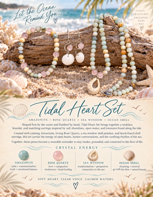 Tidal Heart — Amazonite, Rose Quartz & Sea Window Jewelry Set 🌊🩷🐚
